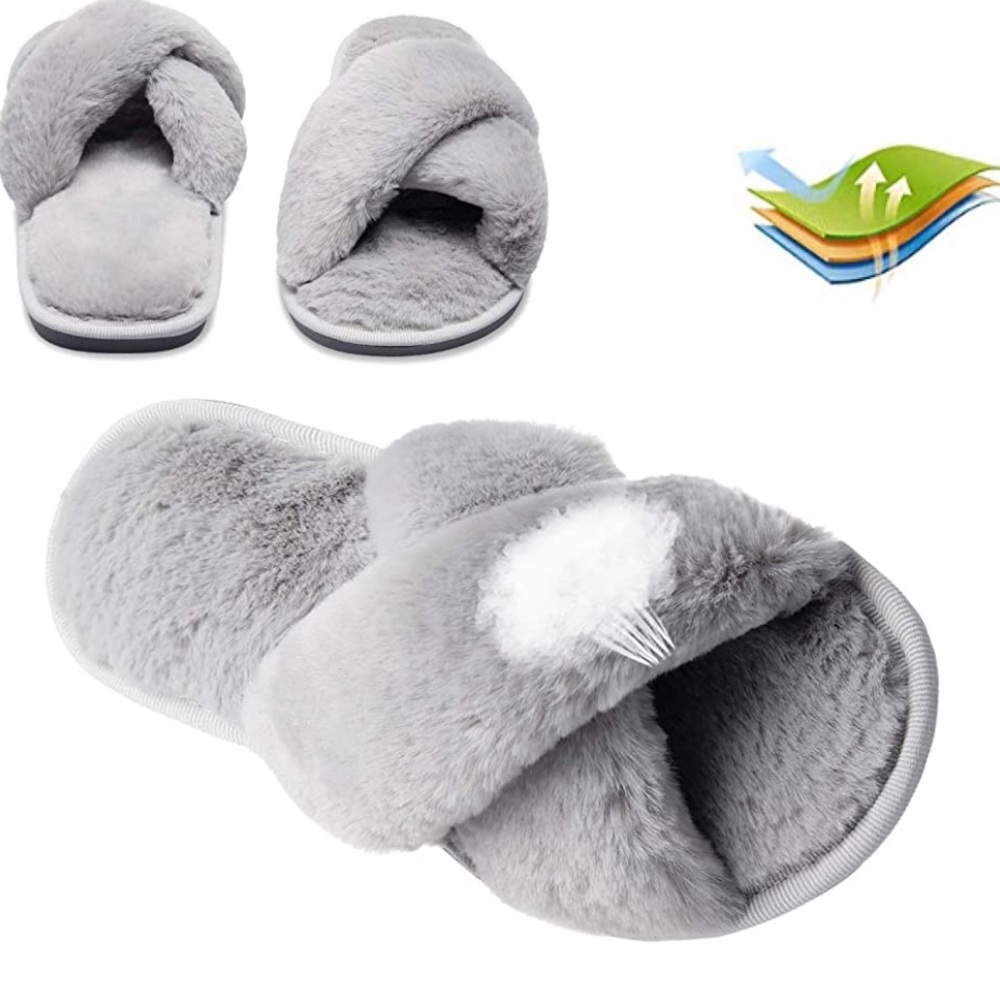 JOINFREE Women's Fluffy Slippers Plush Faux Fur Spa Sandal Shoes Gray size Large - Picture 2 of 11